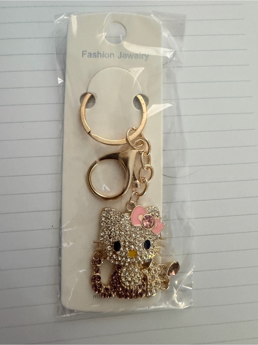 Hello Kitty Inspired Gold Crystal Cat Keychain with Pink Bow